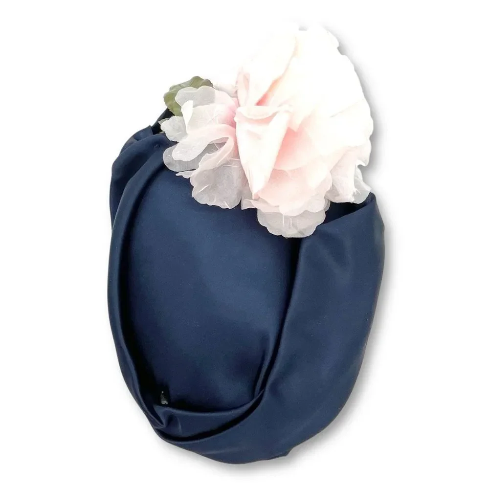 Vintage 1950s Navy Blue Hat Pink Flower Trim Size 22 1/2 Pillbox Fascinator - Picture 12 of 15